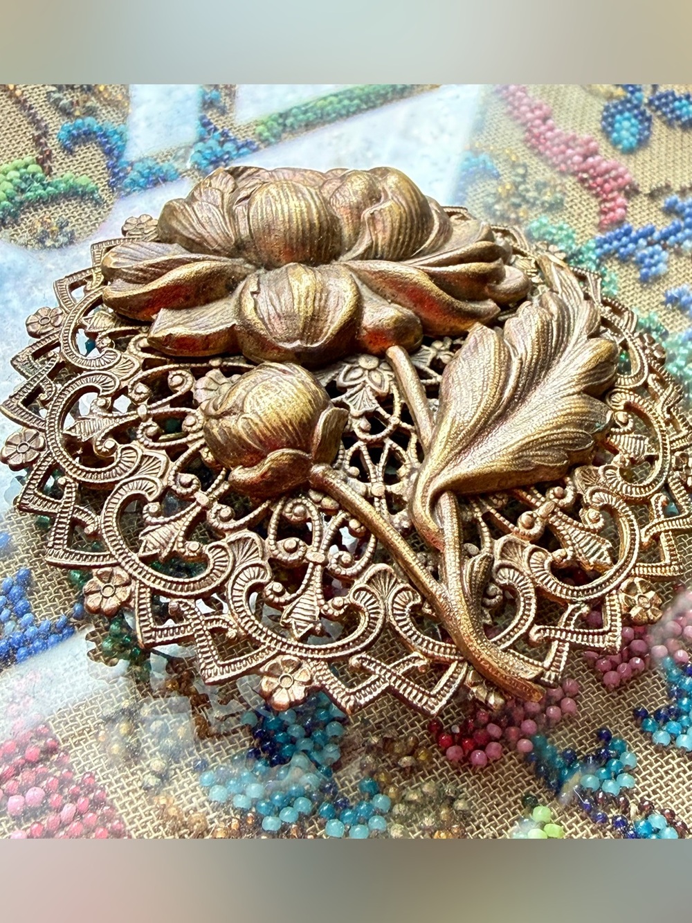 Antique Floral Circle Brooch; Victorian Sash Pin